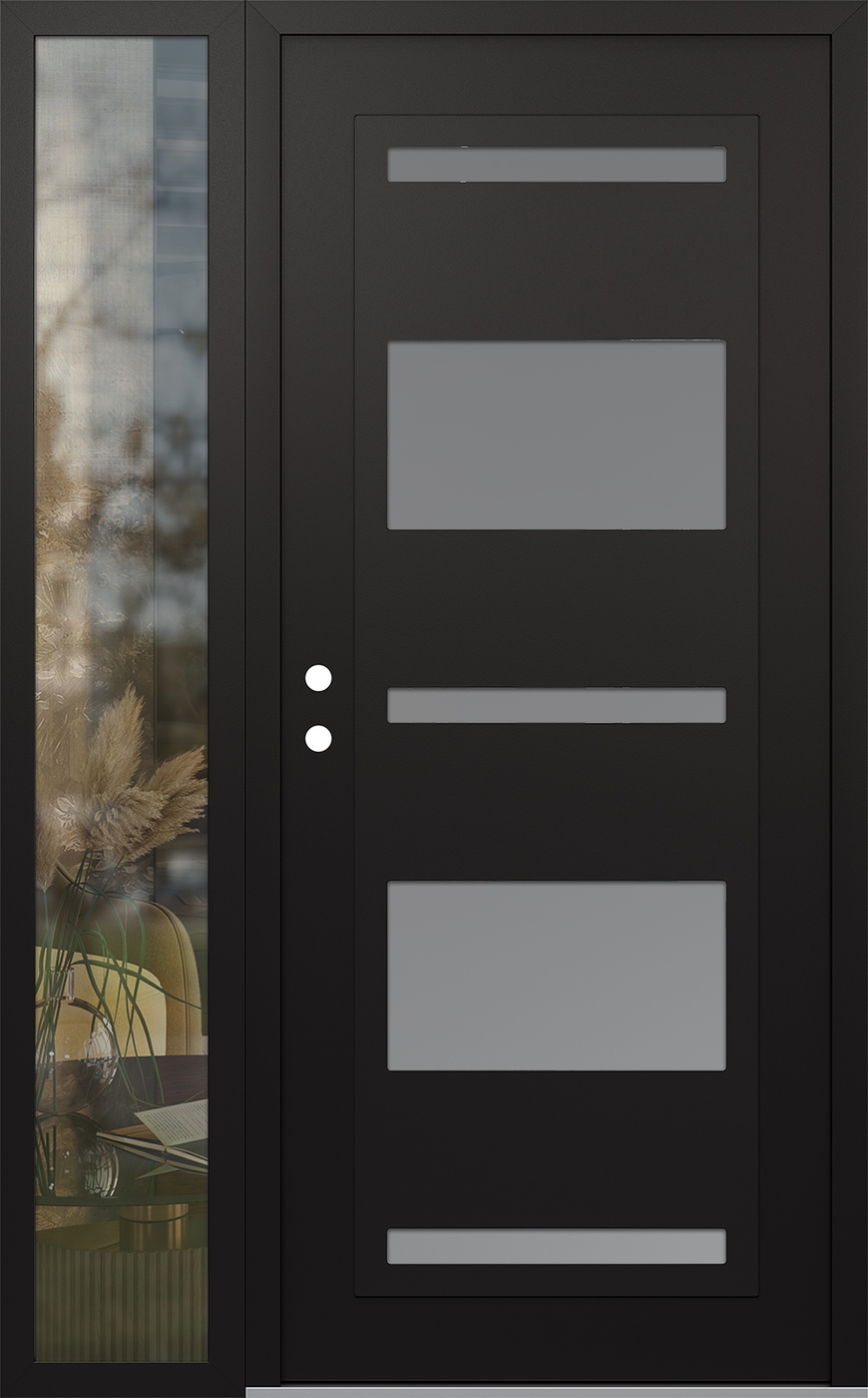 Modern Steel Front Door Diamond C10 52" x 80" black/white frosted Glass Panel black RHI with Sidelite clear Glass
