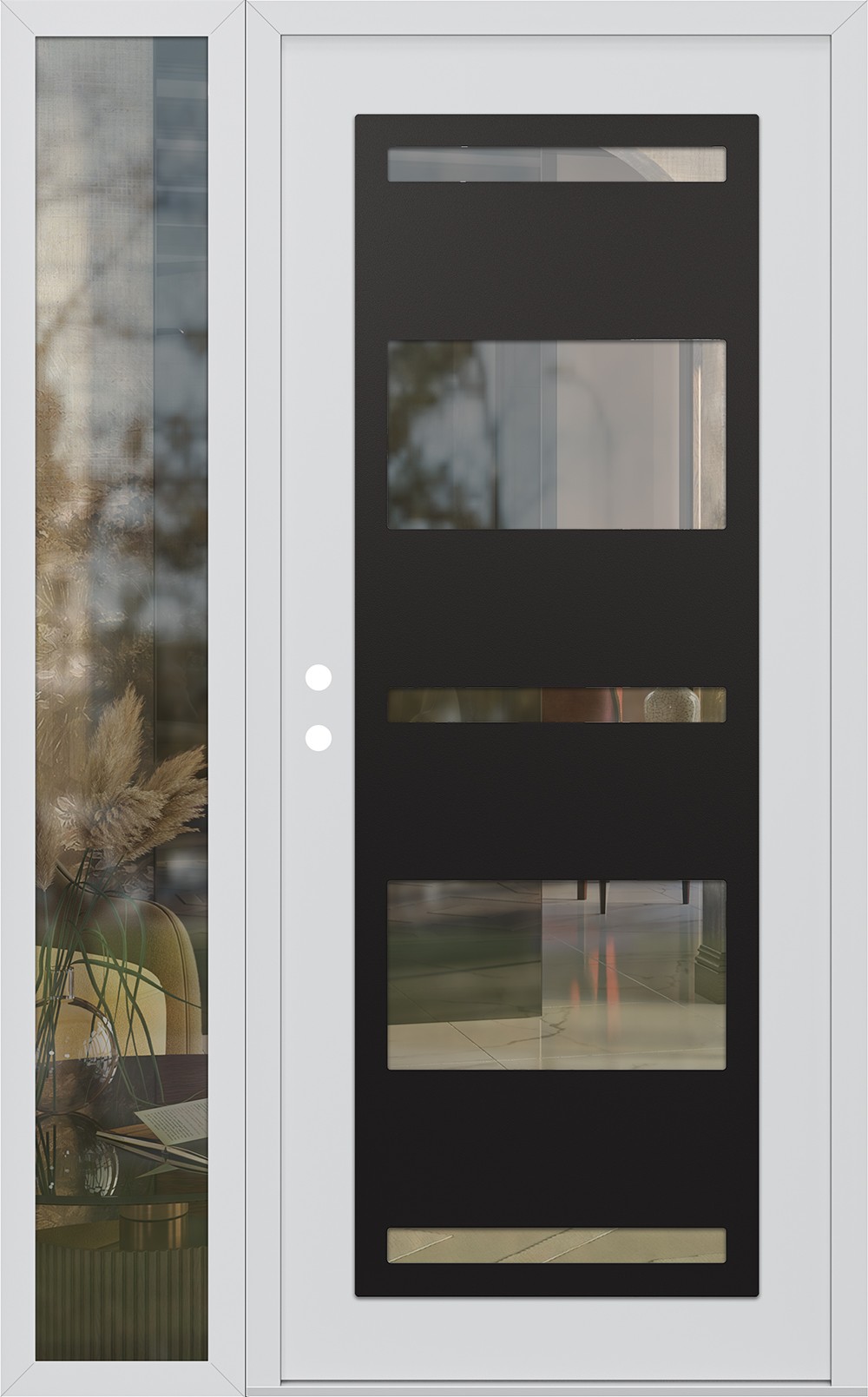 Modern Steel Front Door Diamond C10 52" x 80" white/white clear Glass Panel black RHI with Sidelite clear Glass