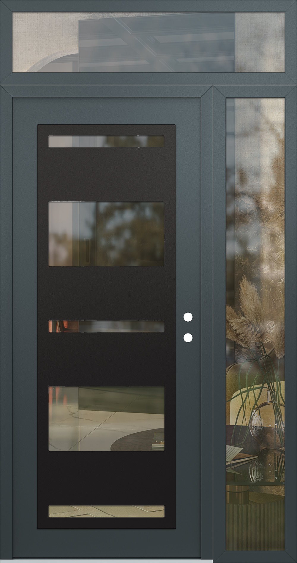 Modern Steel Front Door Diamond C10 52" x 96" anthracite/anthracite clear Glass Panel black LHI with Sidelite and Transom clear Glass