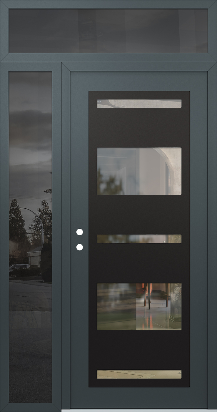 Modern Steel Front Door Diamond C10 52" x 96" anthracite/anthracite clear Glass Panel black RHI with Sidelite and Transom mirrored Glass