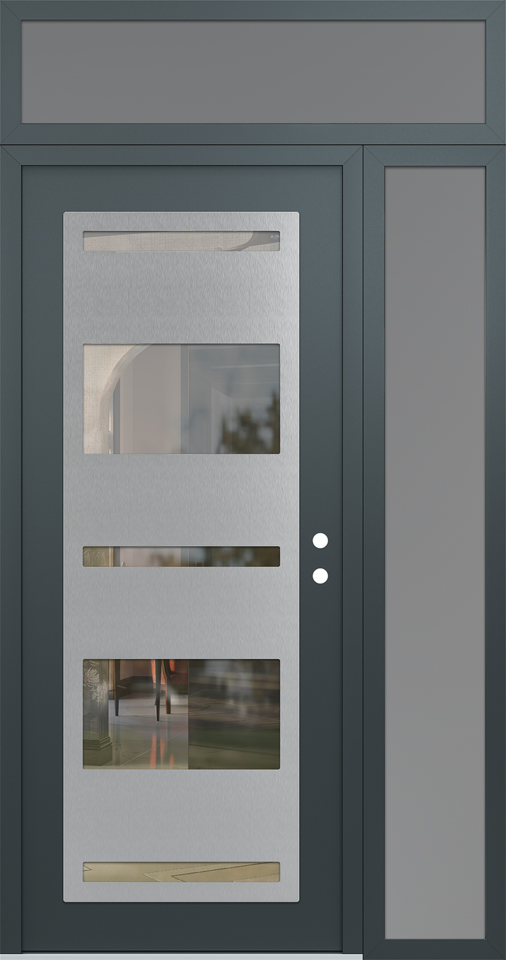 Modern Steel Front Door Diamond C10 52" x 96" anthracite/anthracite clear Glass Panel stainless steel LHI with Sidelite and Transom frosted Glass