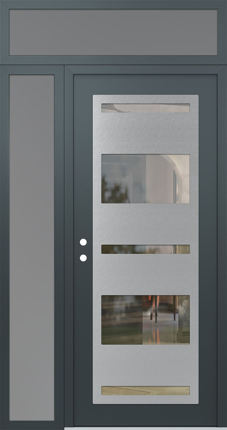 Modern Steel Front Door Diamond C10 52" x 96" anthracite/anthracite clear Glass Panel stainless steel RHI with Sidelite and Transom frosted Glass