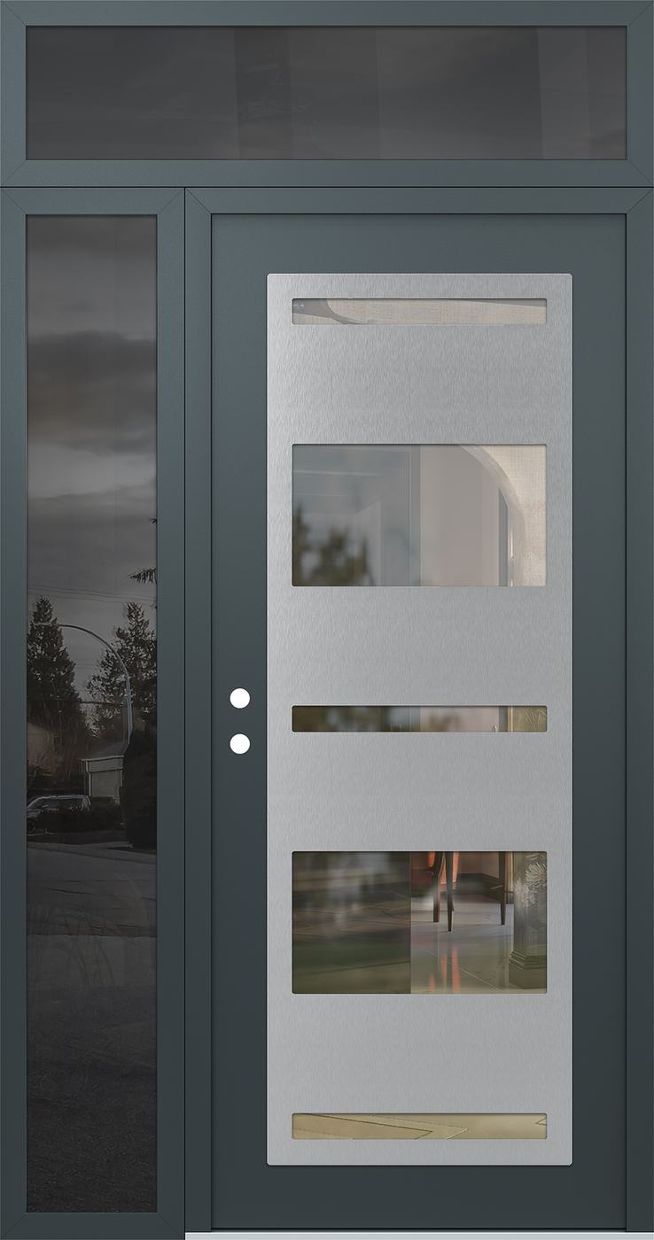 Modern Steel Front Door Diamond C10 52" x 96" anthracite/anthracite clear Glass Panel stainless steel RHI with Sidelite and Transom mirrored Glass
