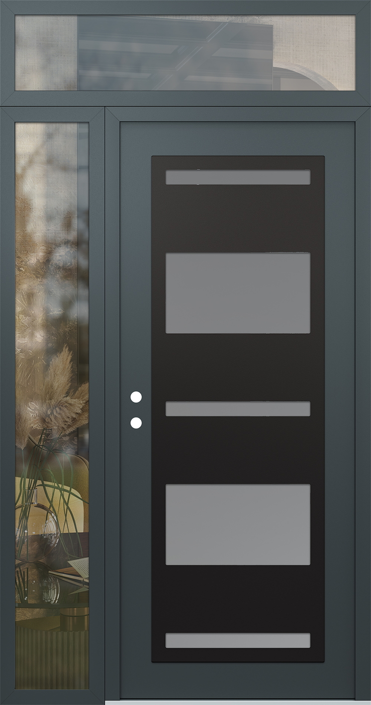 Modern Steel Front Door Diamond C10 52" x 96" anthracite/anthracite frosted Glass Panel black RHI with Sidelite and Transom clear Glass