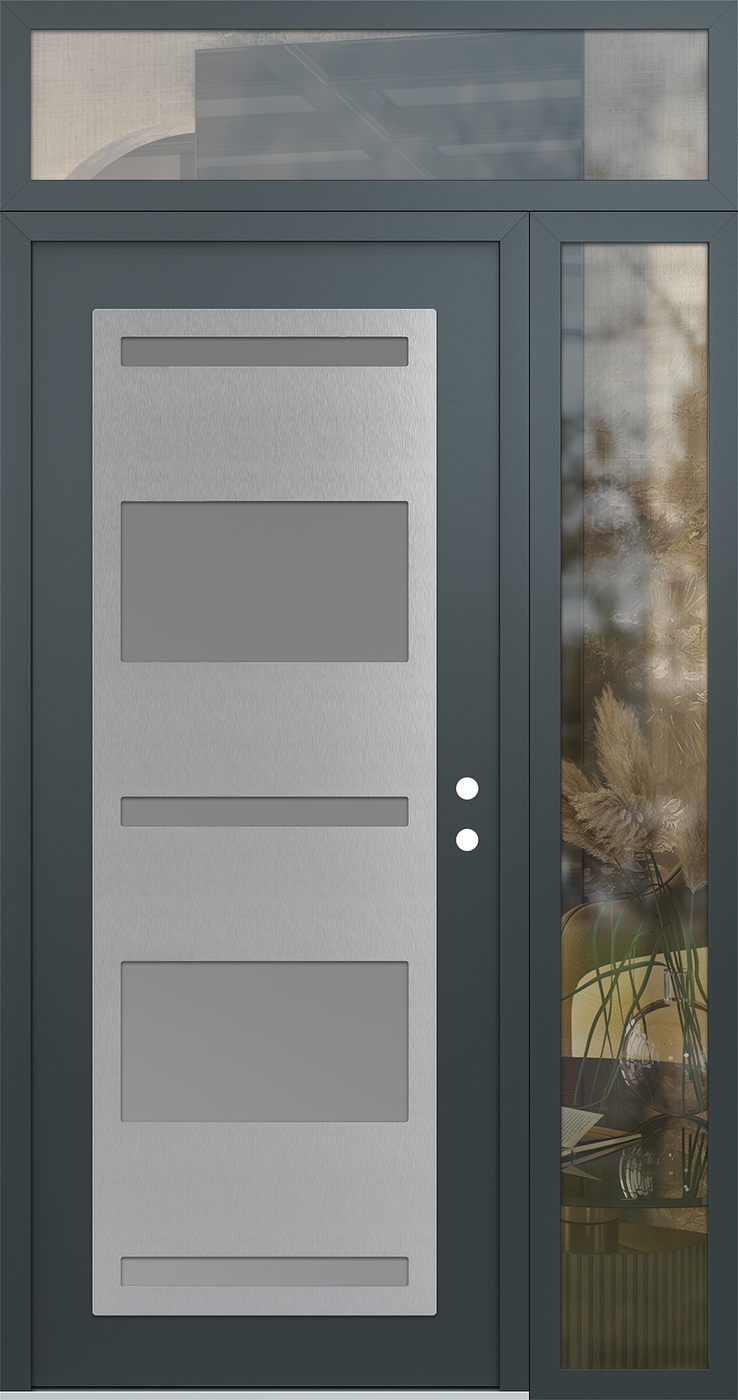 Modern Steel Front Door Diamond C10 52" x 96" anthracite/anthracite frosted Glass Panel stainless steel LHI with Sidelite and Transom clear Glass