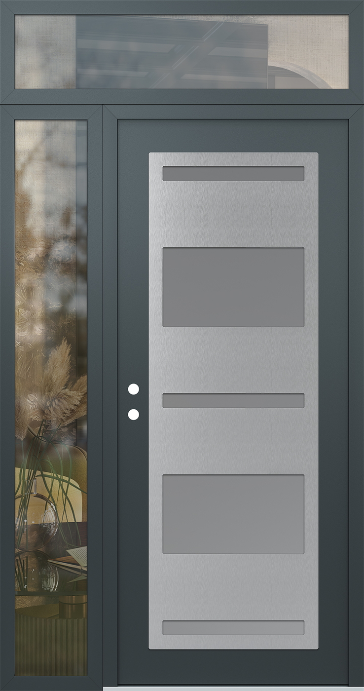 Modern Steel Front Door Diamond C10 52" x 96" anthracite/anthracite frosted Glass Panel stainless steel RHI with Sidelite and Transom clear Glass