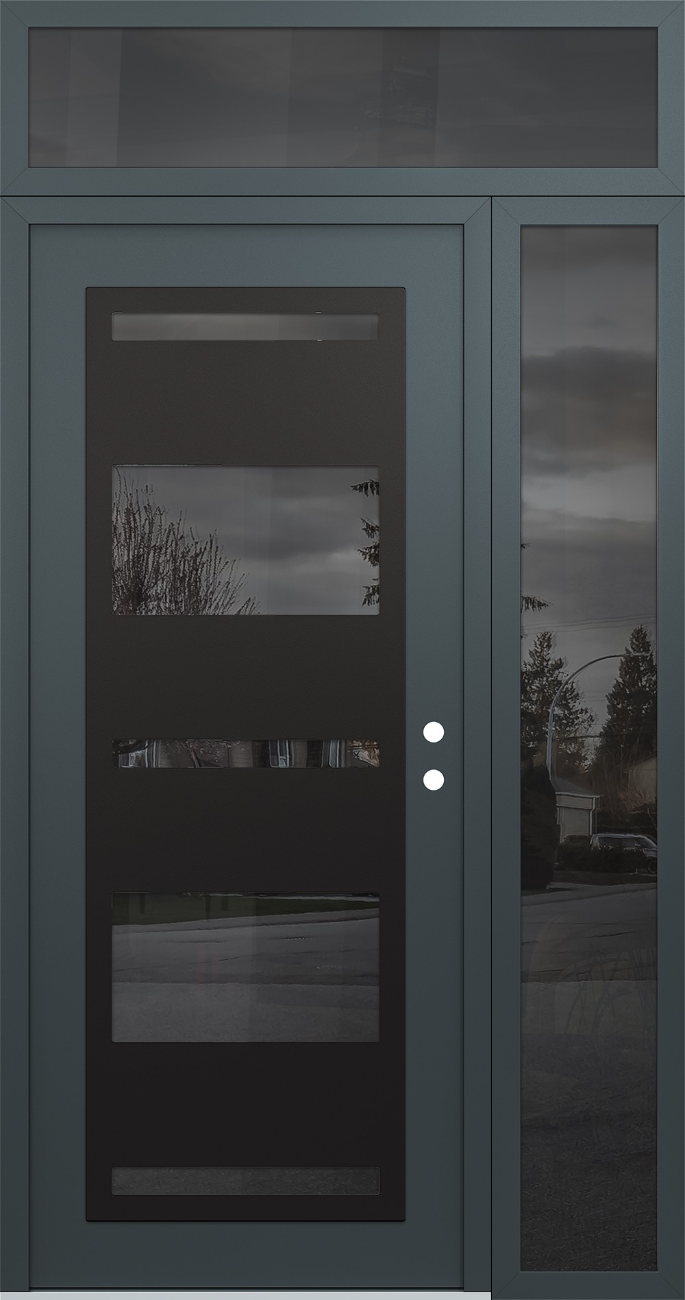 Modern Steel Front Door Diamond C10 52" x 96" anthracite/anthracite mirrored Glass Panel black LHI with Sidelite and Transom mirrored Glass