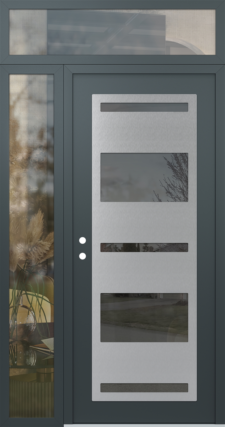 Modern Steel Front Door Diamond C10 52" x 96" anthracite/anthracite mirrored Glass Panel stainless steel RHI with Sidelite and Transom clear Glass