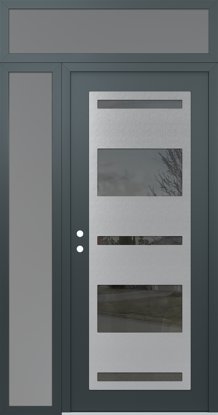 Modern Steel Front Door Diamond C10 52" x 96" anthracite/anthracite mirrored Glass Panel stainless steel RHI with Sidelite and Transom frosted Glass