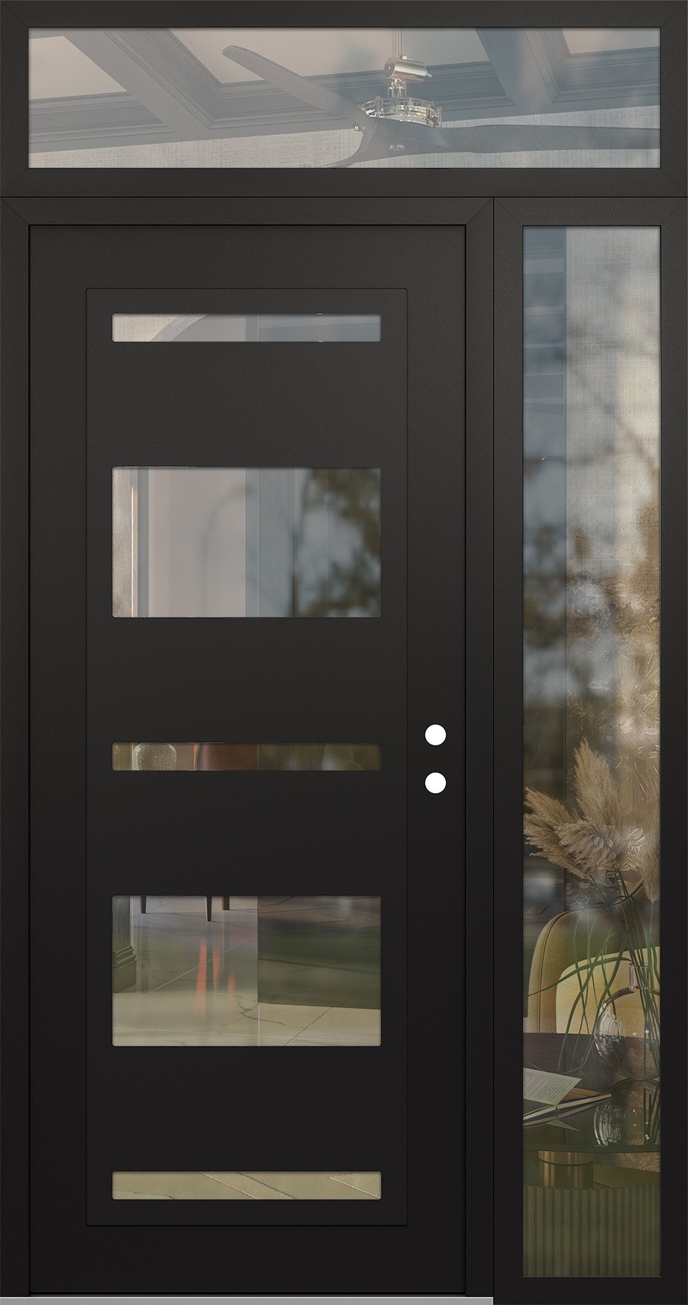 Modern Steel Front Door Diamond C10 52" x 96" black/black clear Glass Panel black LHI with Sidelite and Transom clear Glass