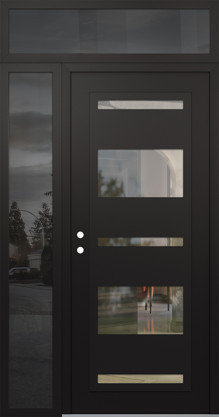Modern Steel Front Door Diamond C10 52" x 96" black/black clear Glass Panel black RHI with Sidelite and Transom mirrored Glass