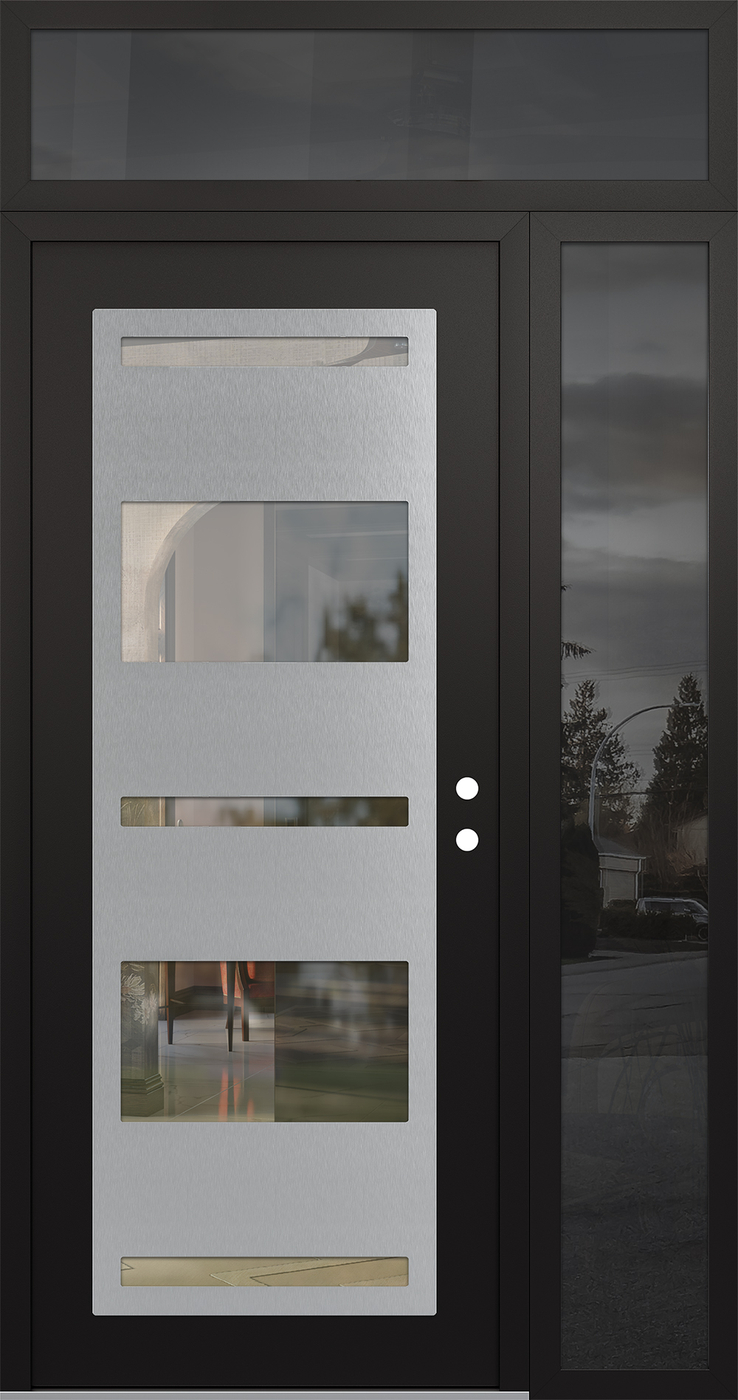 Modern Steel Front Door Diamond C10 52" x 96" black/black clear Glass Panel stainless steel LHI with Sidelite and Transom mirrored Glass