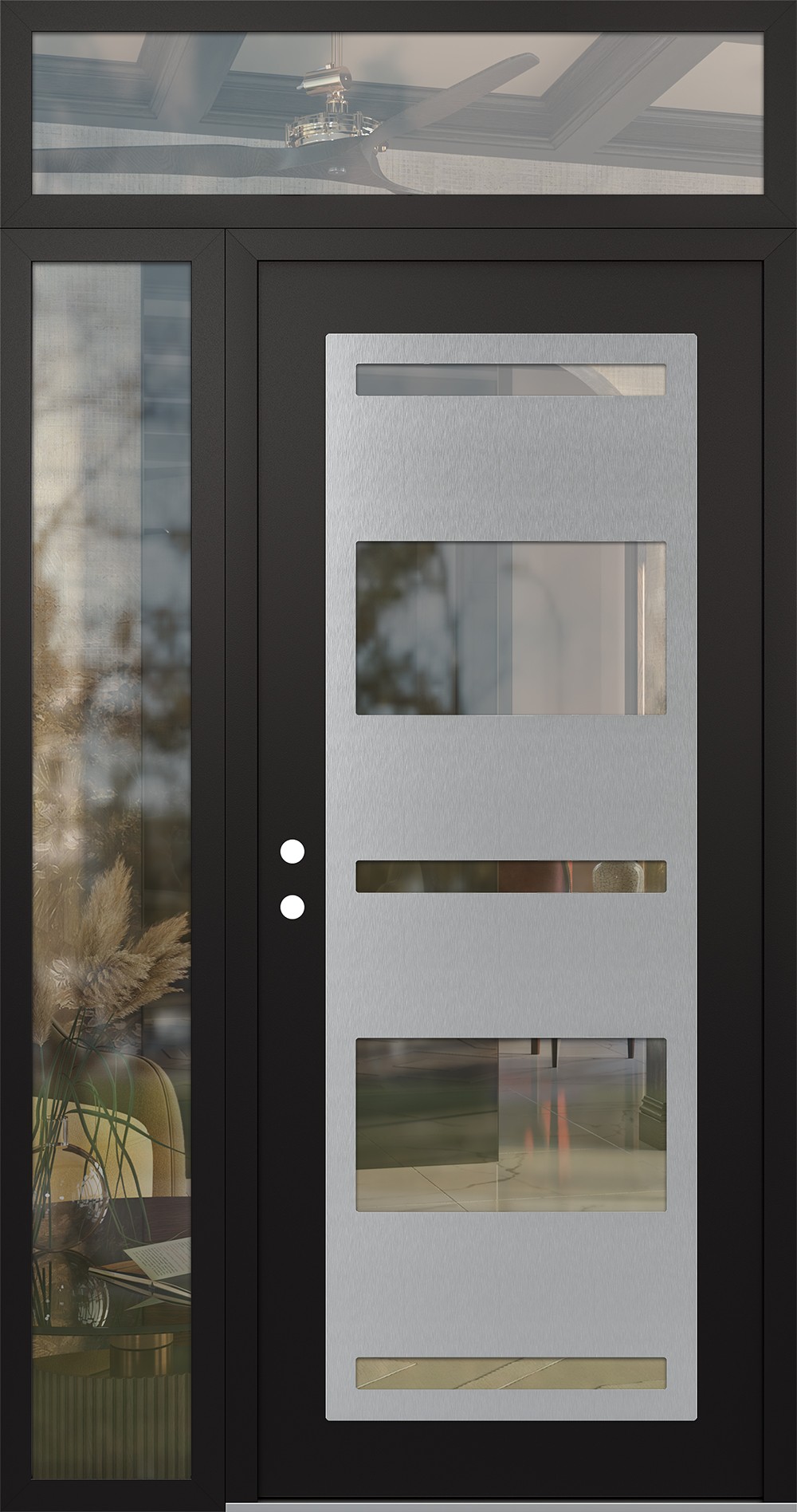 Modern Steel Front Door Diamond C10 52" x 96" black/black clear Glass Panel stainless steel RHI with Sidelite and Transom clear Glass
