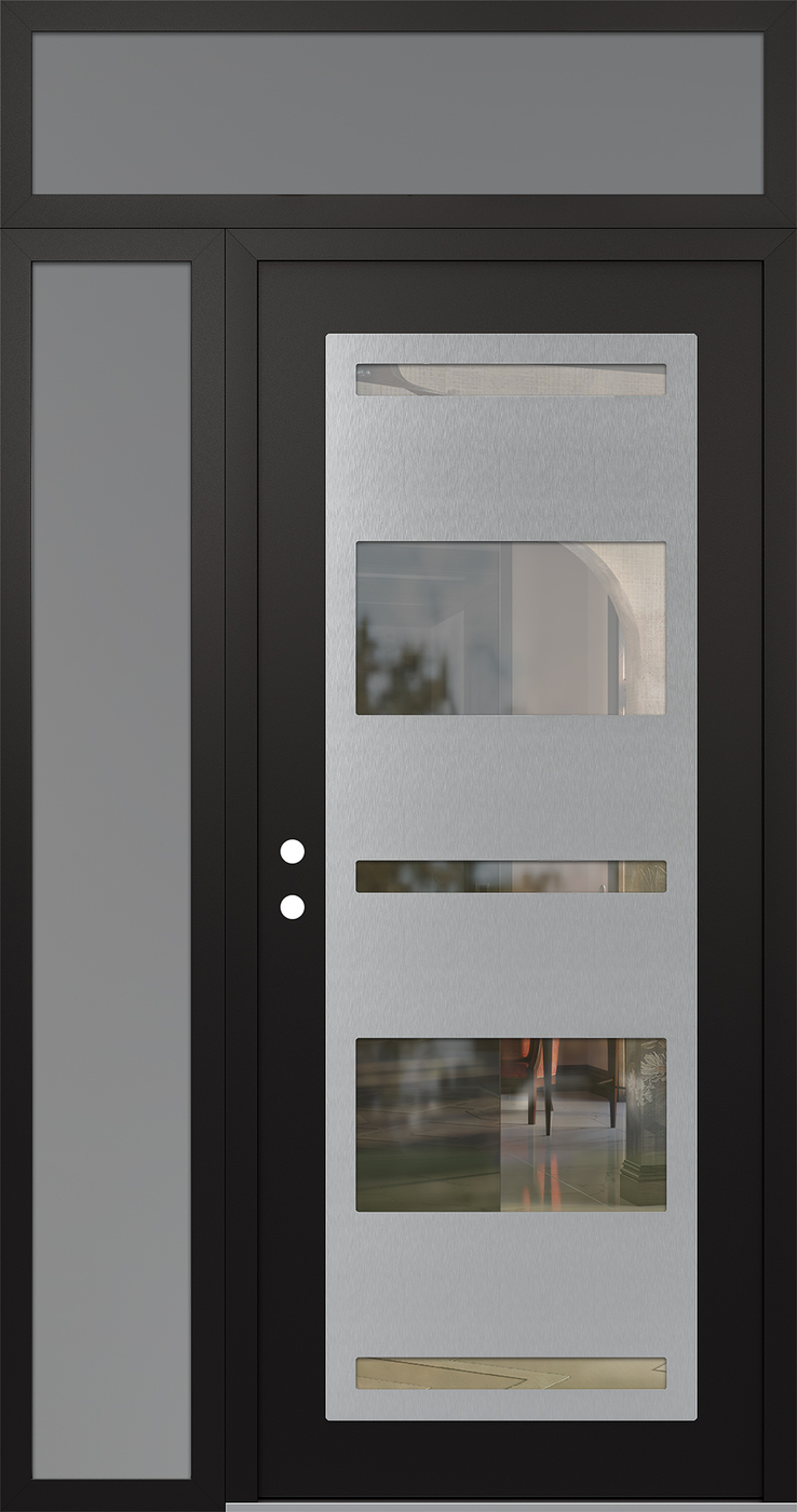 Modern Steel Front Door Diamond C10 52" x 96" black/black clear Glass Panel stainless steel RHI with Sidelite and Transom frosted Glass