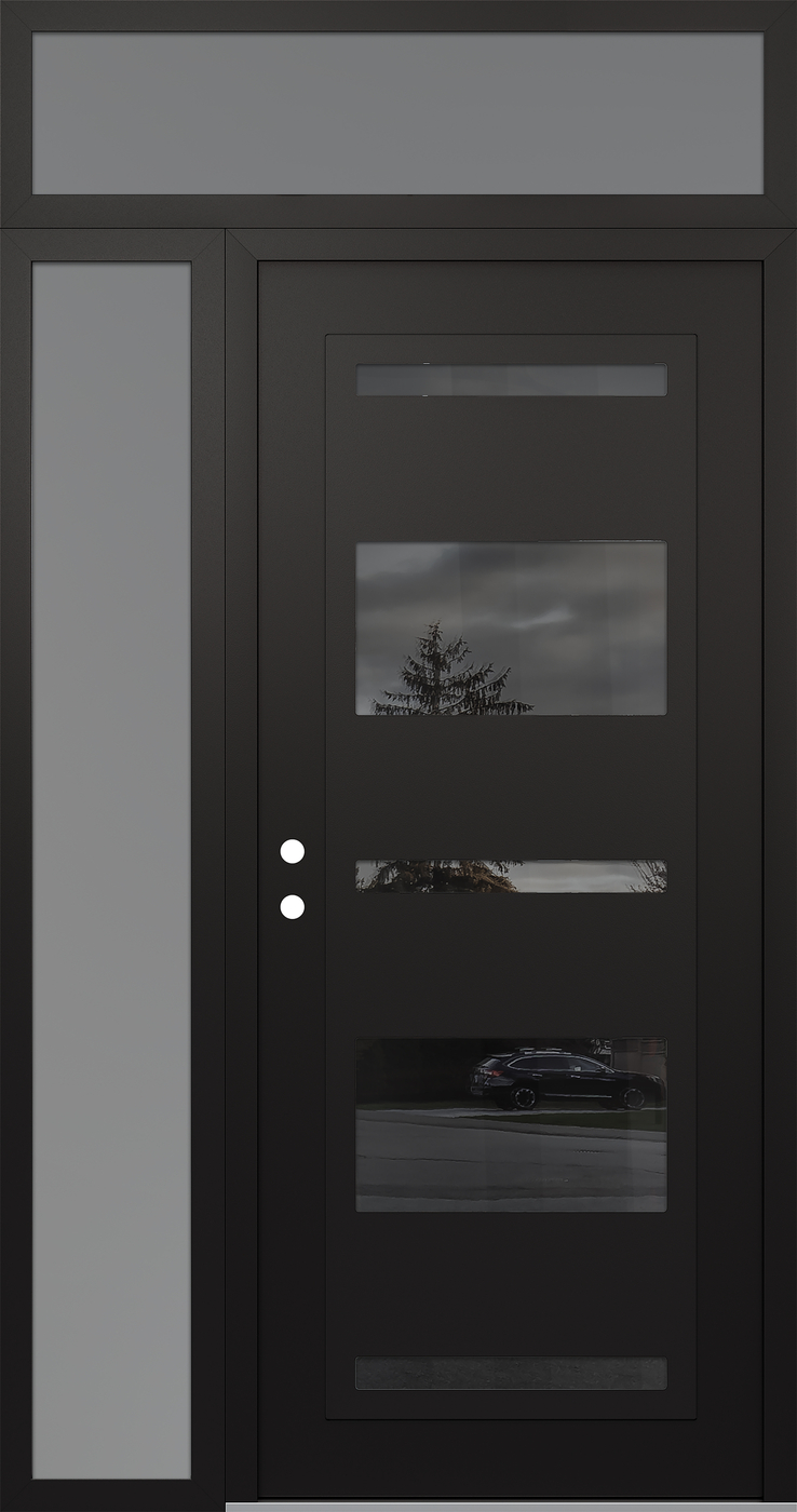 Modern Steel Front Door Diamond C10 52" x 96" black/black mirrored Glass Panel black RHI with Sidelite and Transom frosted Glass