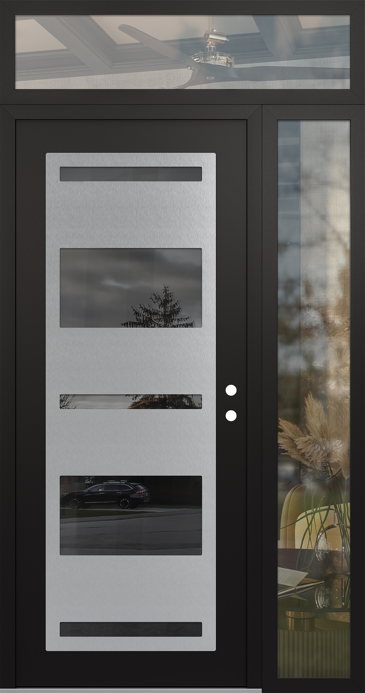 Modern Steel Front Door Diamond C10 52" x 96" black/black mirrored Glass Panel stainless steel LHI with Sidelite and Transom clear Glass
