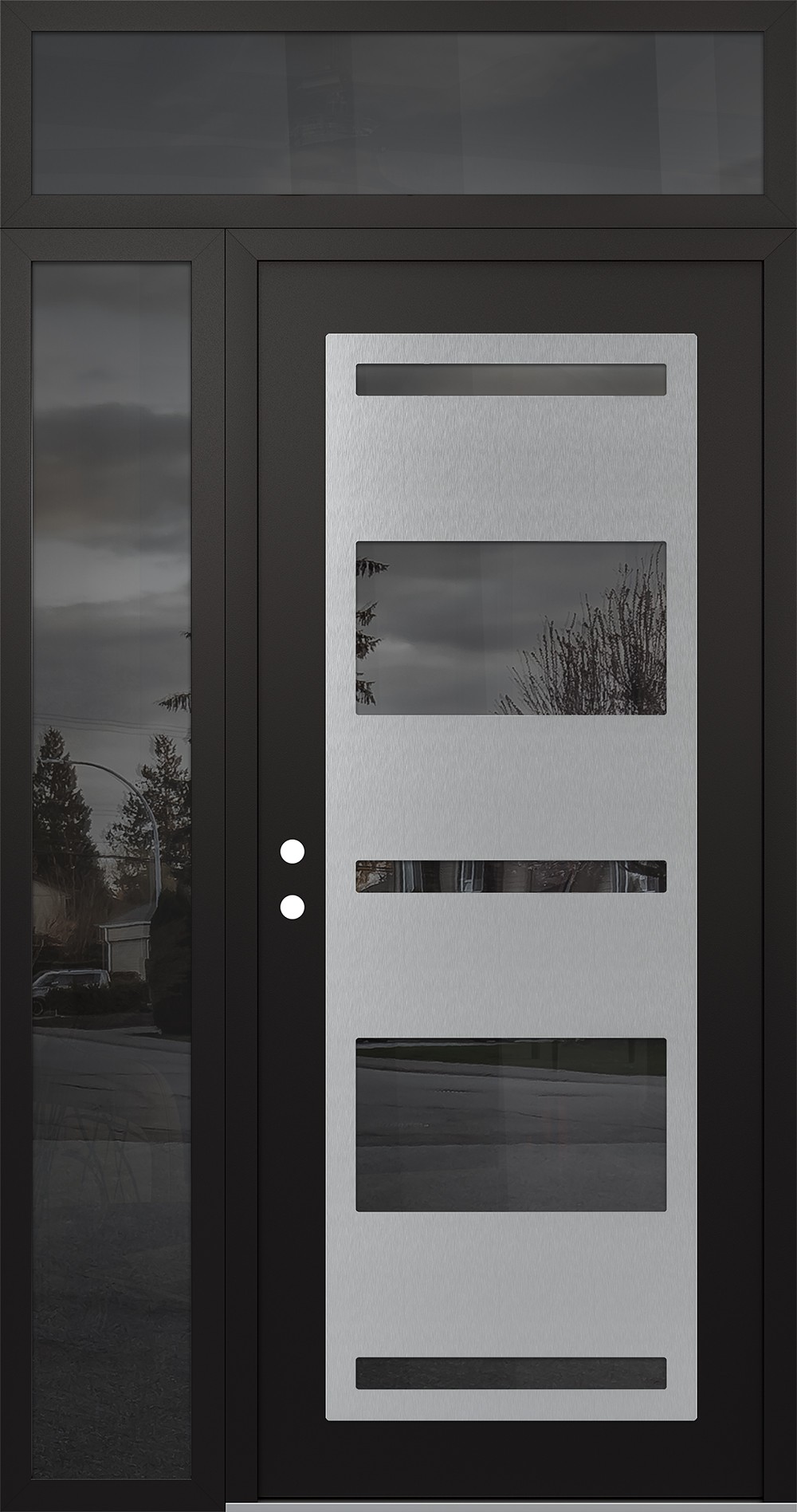 Modern Steel Front Door Diamond C10 52" x 96" black/black mirrored Glass Panel stainless steel RHI with Sidelite and Transom mirrored Glass