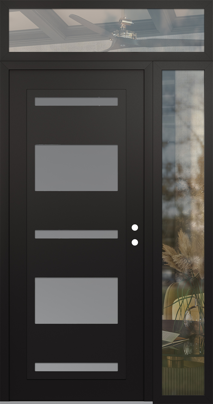 Modern Steel Front Door Diamond C10 52" x 96" black/white frosted Glass Panel black LHI with Sidelite and Transom clear Glass