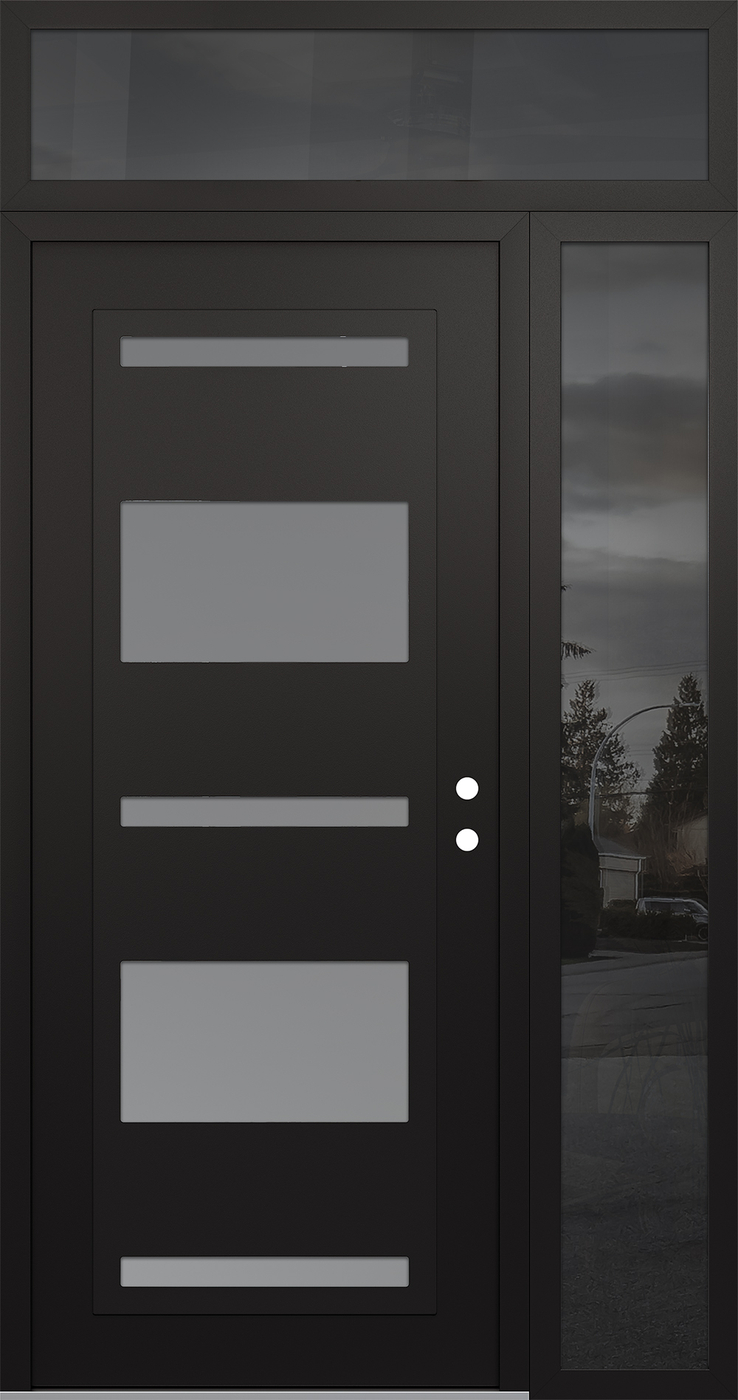 Modern Steel Front Door Diamond C10 52" x 96" black/white frosted Glass Panel black LHI with Sidelite and Transom mirrored Glass
