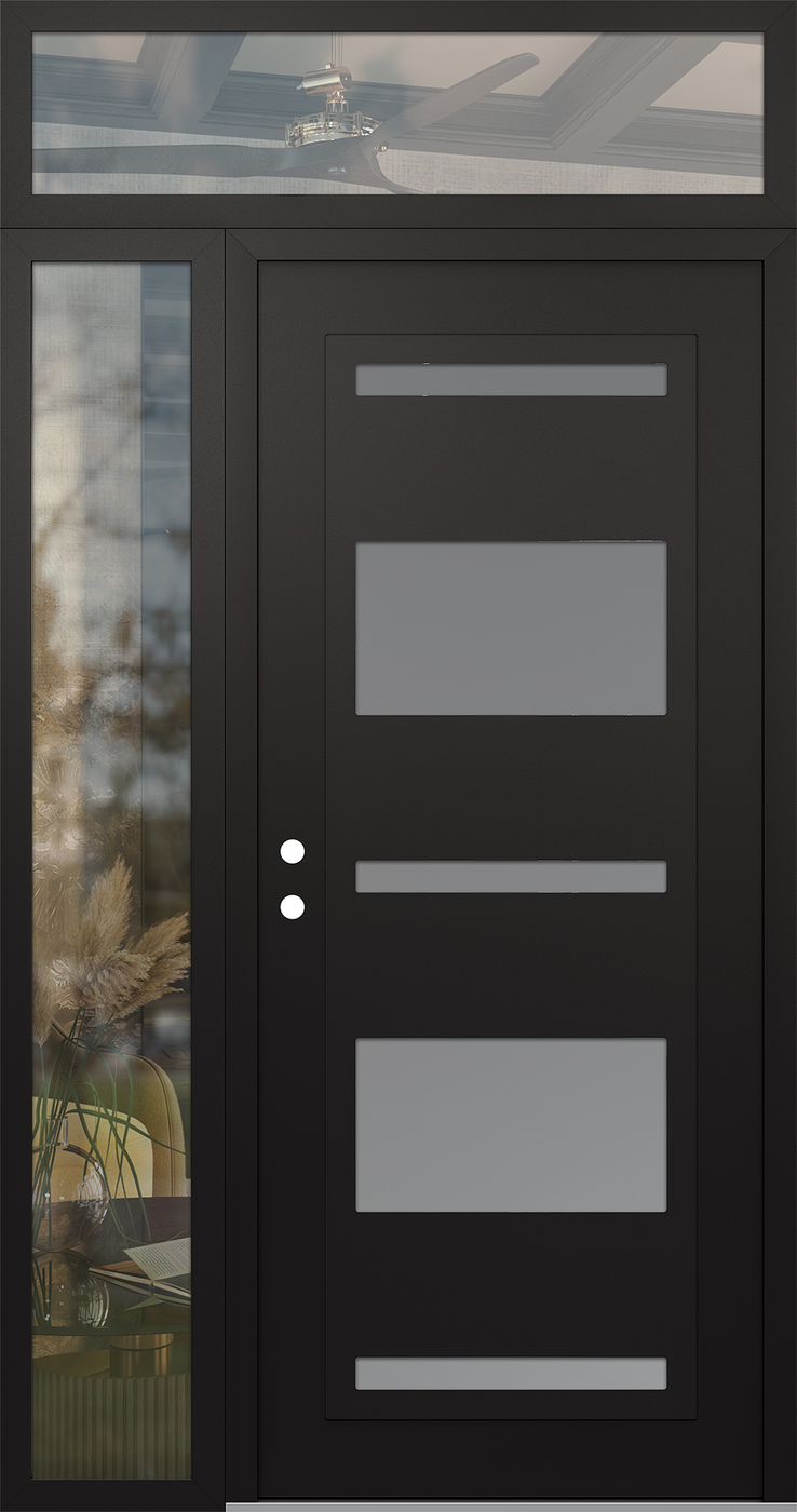 Modern Steel Front Door Diamond C10 52" x 96" black/white frosted Glass Panel black RHI with Sidelite and Transom clear Glass