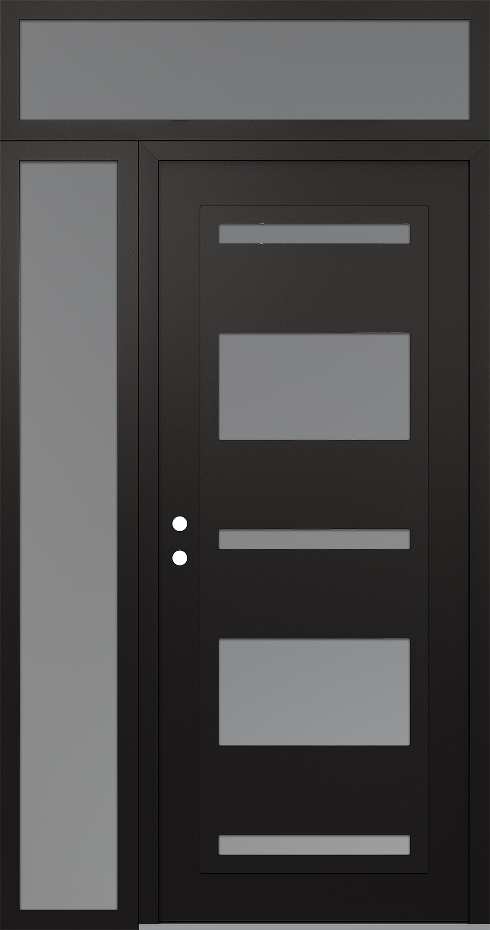 Modern Steel Front Door Diamond C10 52" x 96" black/white frosted Glass Panel black RHI with Sidelite and Transom frosted Glass