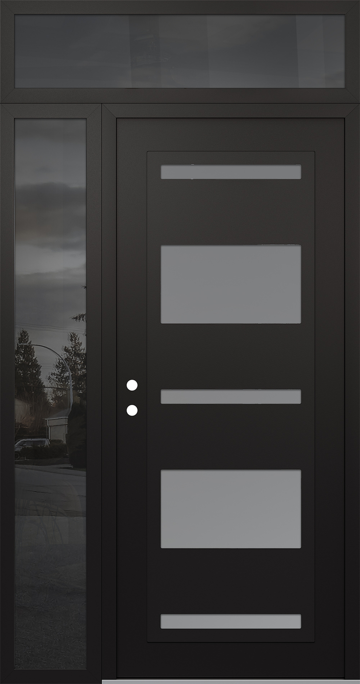 Modern Steel Front Door Diamond C10 52" x 96" black/white frosted Glass Panel black RHI with Sidelite and Transom mirrored Glass