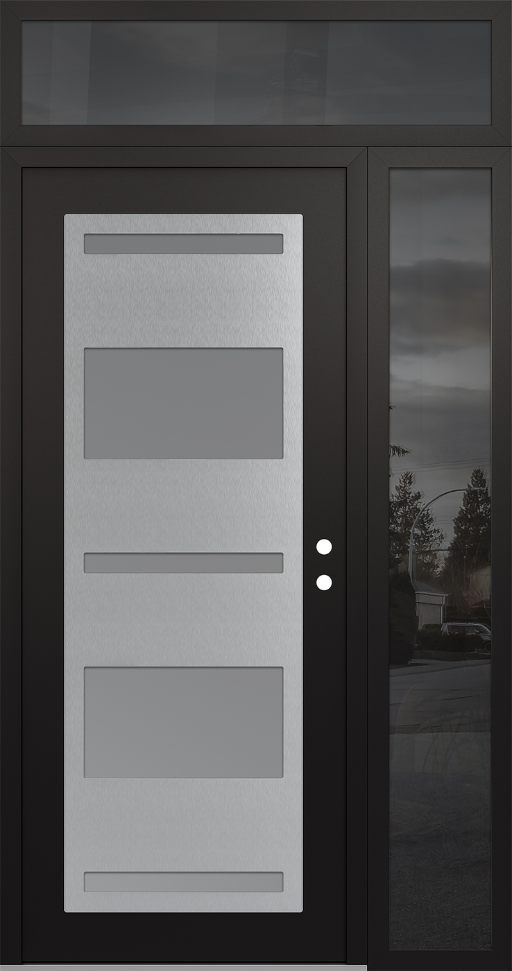 Modern Steel Front Door Diamond C10 52" x 96" black/white frosted Glass Panel stainless steel LHI with Sidelite and Transom mirrored Glass