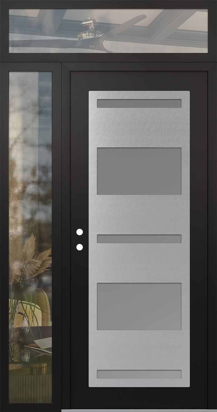 Modern Steel Front Door Diamond C10 52" x 96" black/white frosted Glass Panel stainless steel RHI with Sidelite and Transom clear Glass