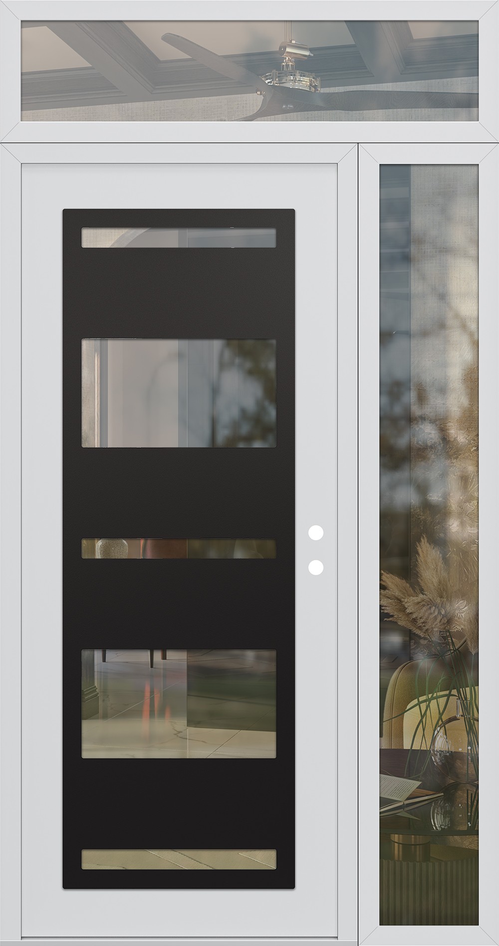 Modern Steel Front Door Diamond C10 52" x 96" white/white clear Glass Panel black LHI with Sidelite and Transom clear Glass