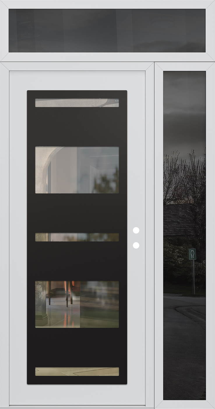 Modern Steel Front Door Diamond C10 52" x 96" white/white clear Glass Panel black LHI with Sidelite and Transom mirrored Glass