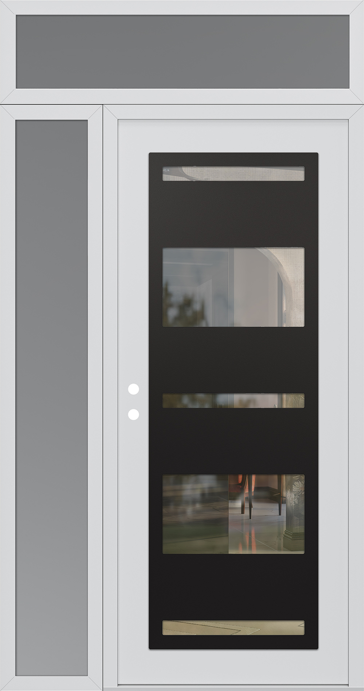 Modern Steel Front Door Diamond C10 52" x 96" white/white clear Glass Panel black RHI with Sidelite and Transom frosted Glass