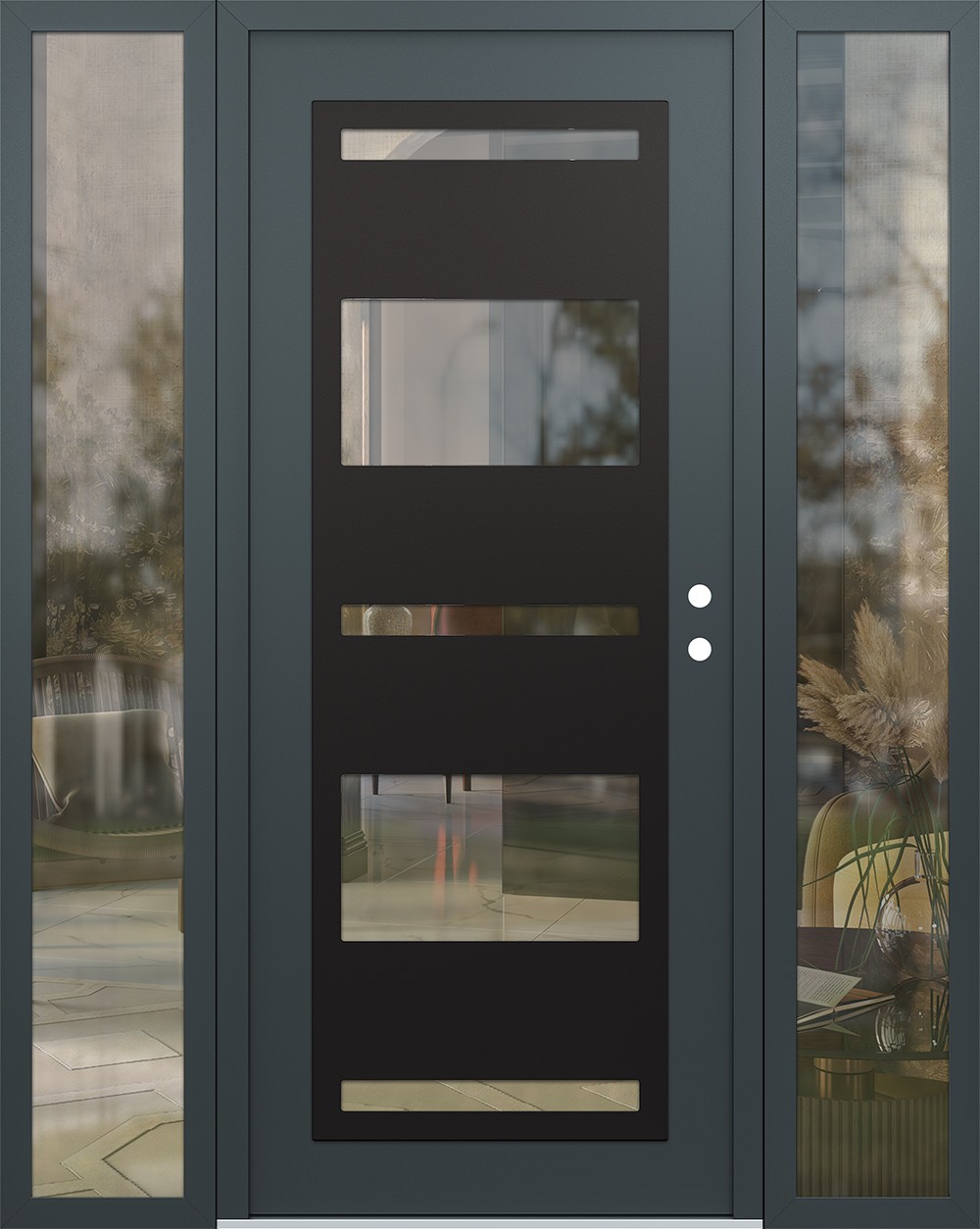 Modern Steel Front Door Diamond C10 60" x 80" anthracite/anthracite clear Glass Panel black LHI with 2 Sidelites clear Glass