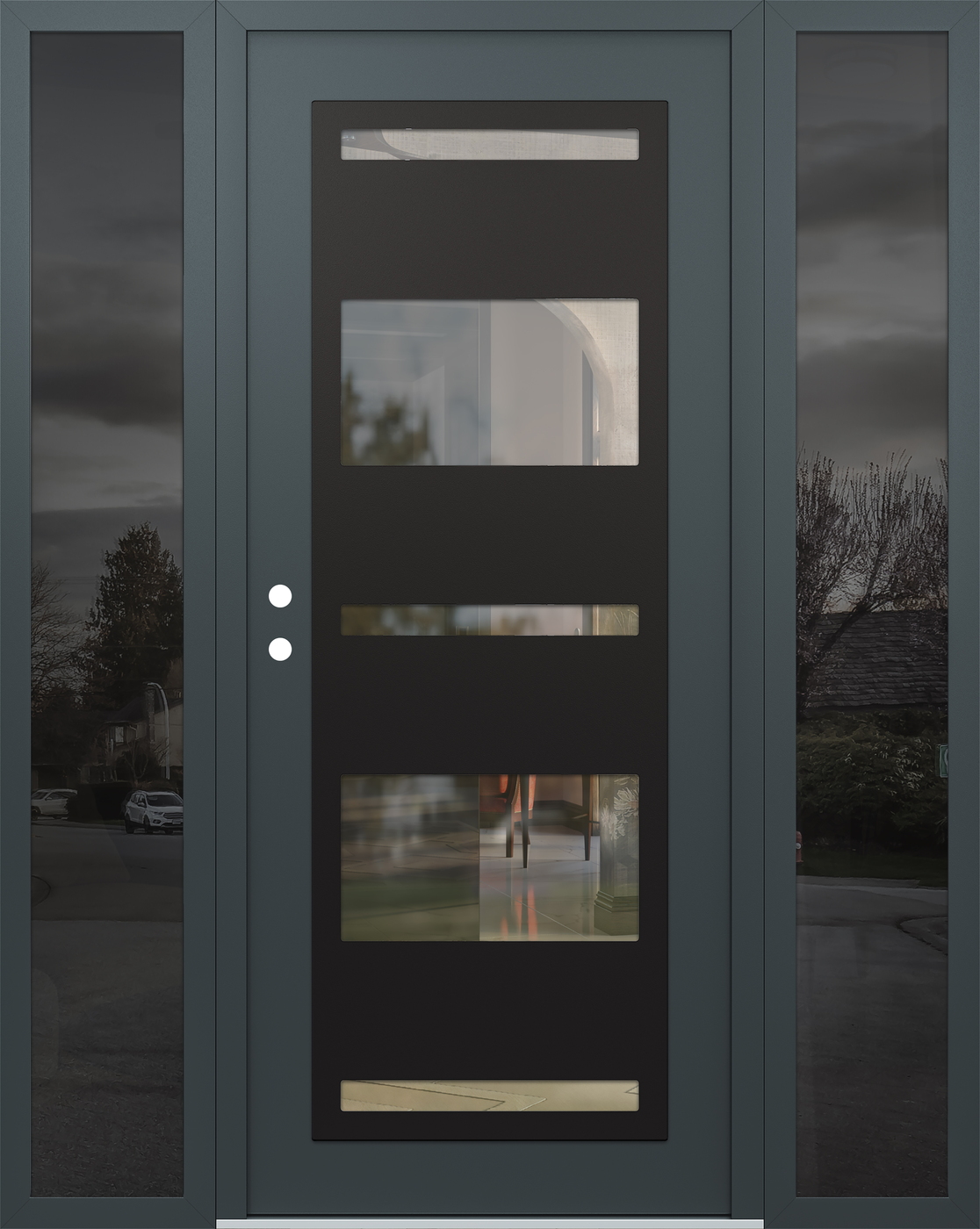 Modern Steel Front Door Diamond C10 60" x 80" anthracite/anthracite clear Glass Panel black RHI with 2 Sidelites mirrored Glass