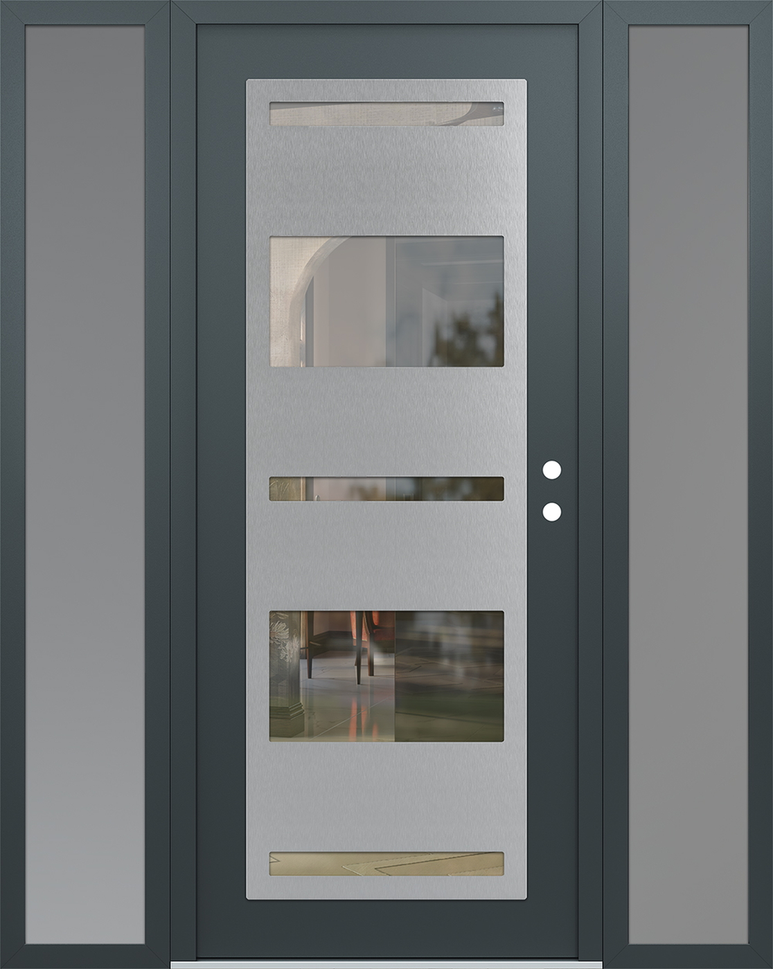 Modern Steel Front Door Diamond C10 60" x 80" anthracite/anthracite clear Glass Panel stainless steel LHI with 2 Sidelites frosted Glass