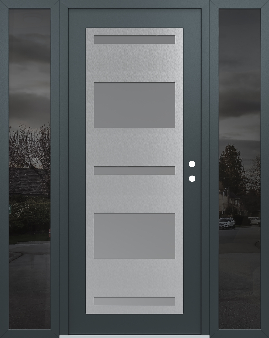 Modern Steel Front Door Diamond C10 60" x 80" anthracite/anthracite frosted Glass Panel stainless steel LHI with 2 Sidelites mirrored Glass