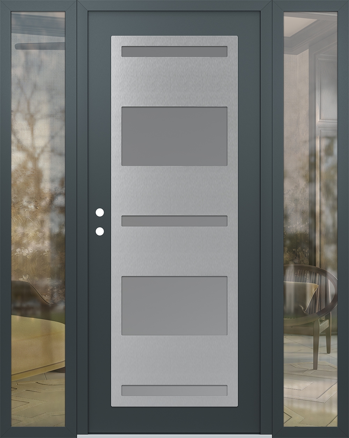 Modern Steel Front Door Diamond C10 60" x 80" anthracite/anthracite frosted Glass Panel stainless steel RHI with 2 Sidelites clear Glass