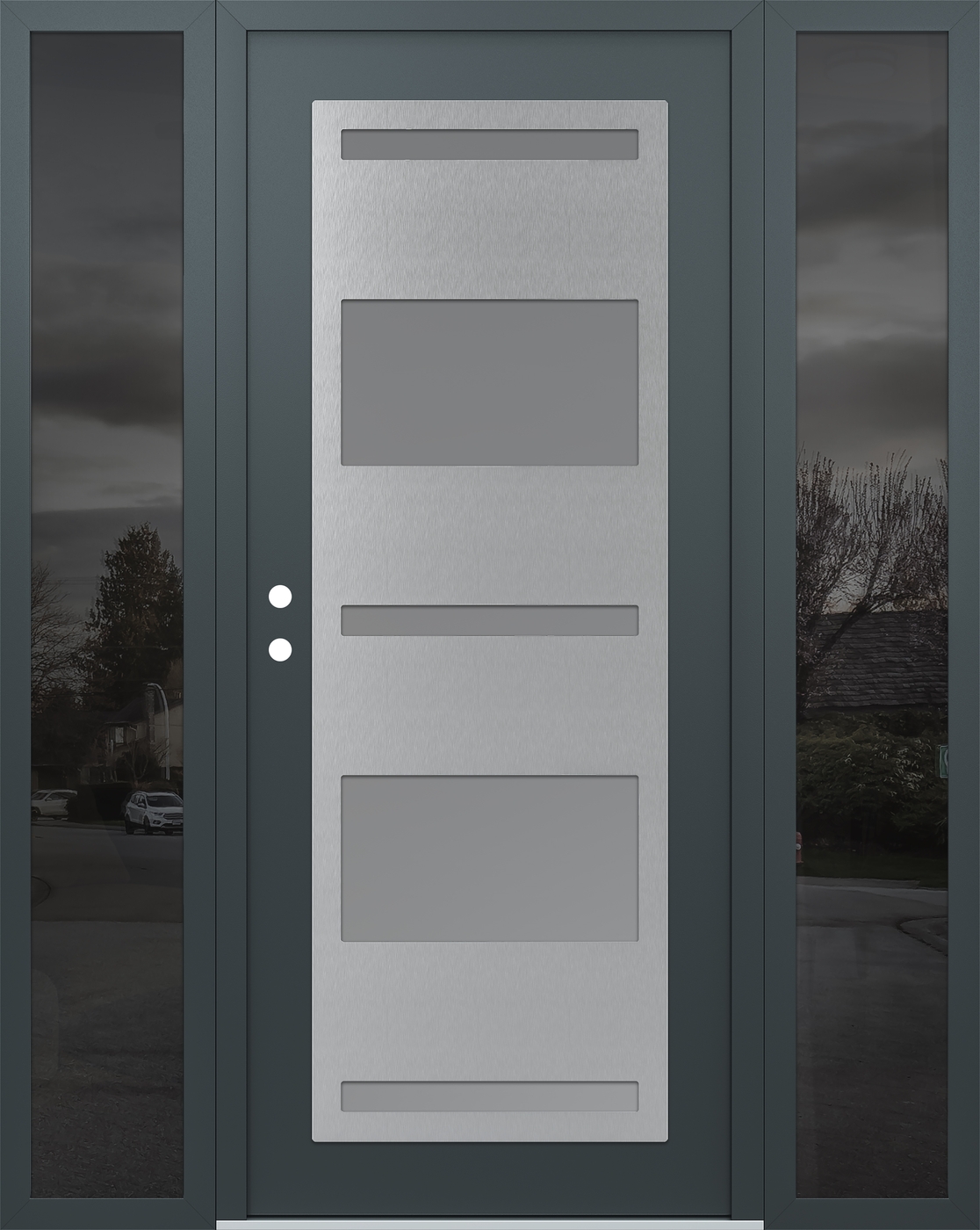 Modern Steel Front Door Diamond C10 60" x 80" anthracite/anthracite frosted Glass Panel stainless steel RHI with 2 Sidelites mirrored Glass