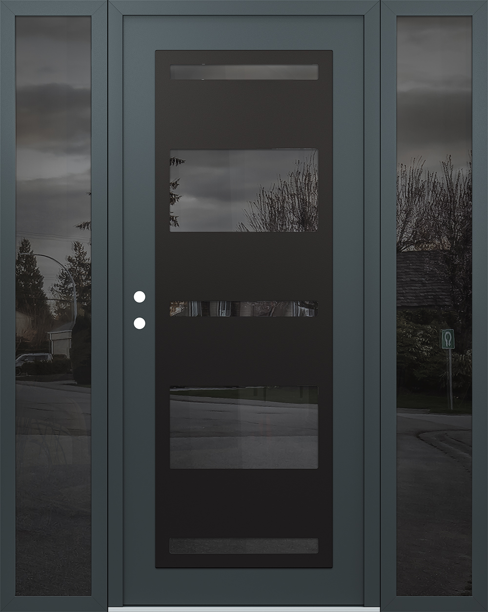 Modern Steel Front Door Diamond C10 60" x 80" anthracite/anthracite mirrored Glass Panel black RHI with 2 Sidelites mirrored Glass