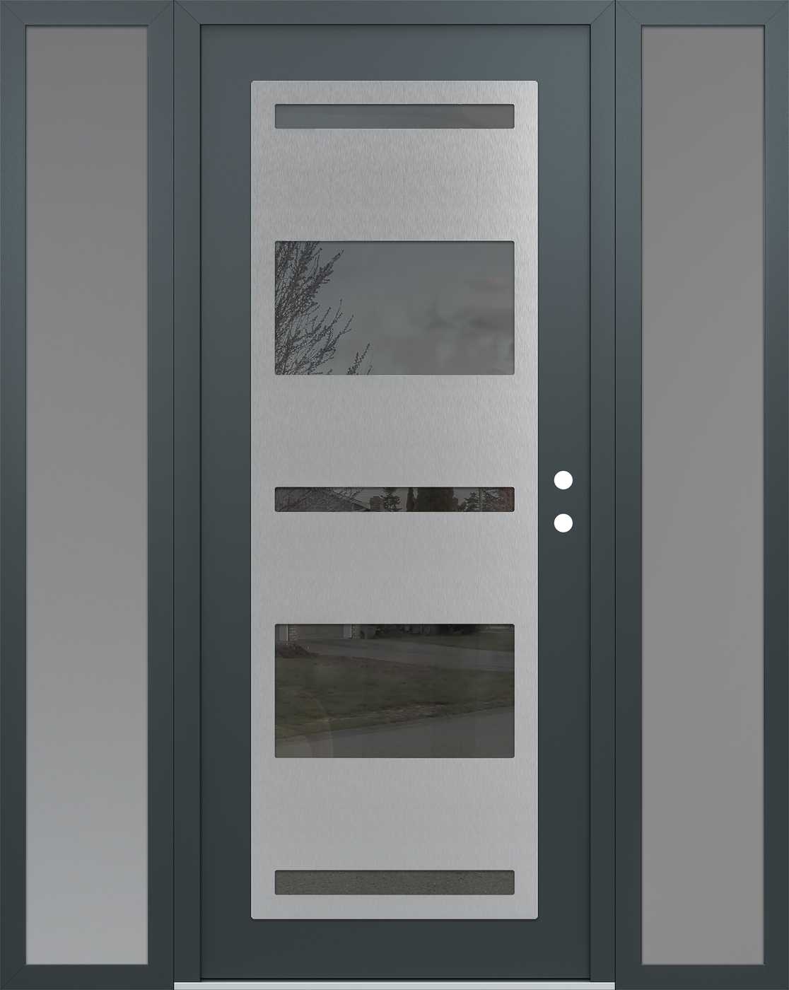Modern Steel Front Door Diamond C10 60" x 80" anthracite/anthracite mirrored Glass Panel stainless steel LHI with 2 Sidelites frosted Glass