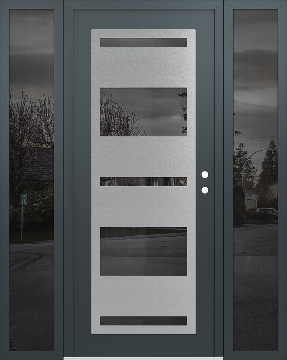 Modern Steel Front Door Diamond C10 60" x 80" anthracite/anthracite mirrored Glass Panel stainless steel LHI with 2 Sidelites mirrored Glass