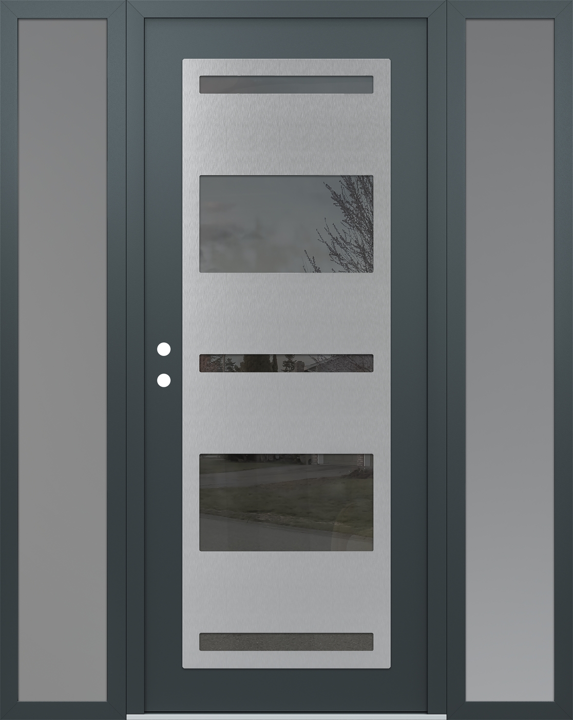 Modern Steel Front Door Diamond C10 60" x 80" anthracite/anthracite mirrored Glass Panel stainless steel RHI with 2 Sidelites frosted Glass