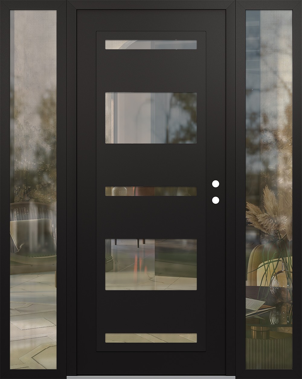 Modern Steel Front Door Diamond C10 60" x 80" black/black clear Glass Panel black LHI with 2 Sidelites clear Glass