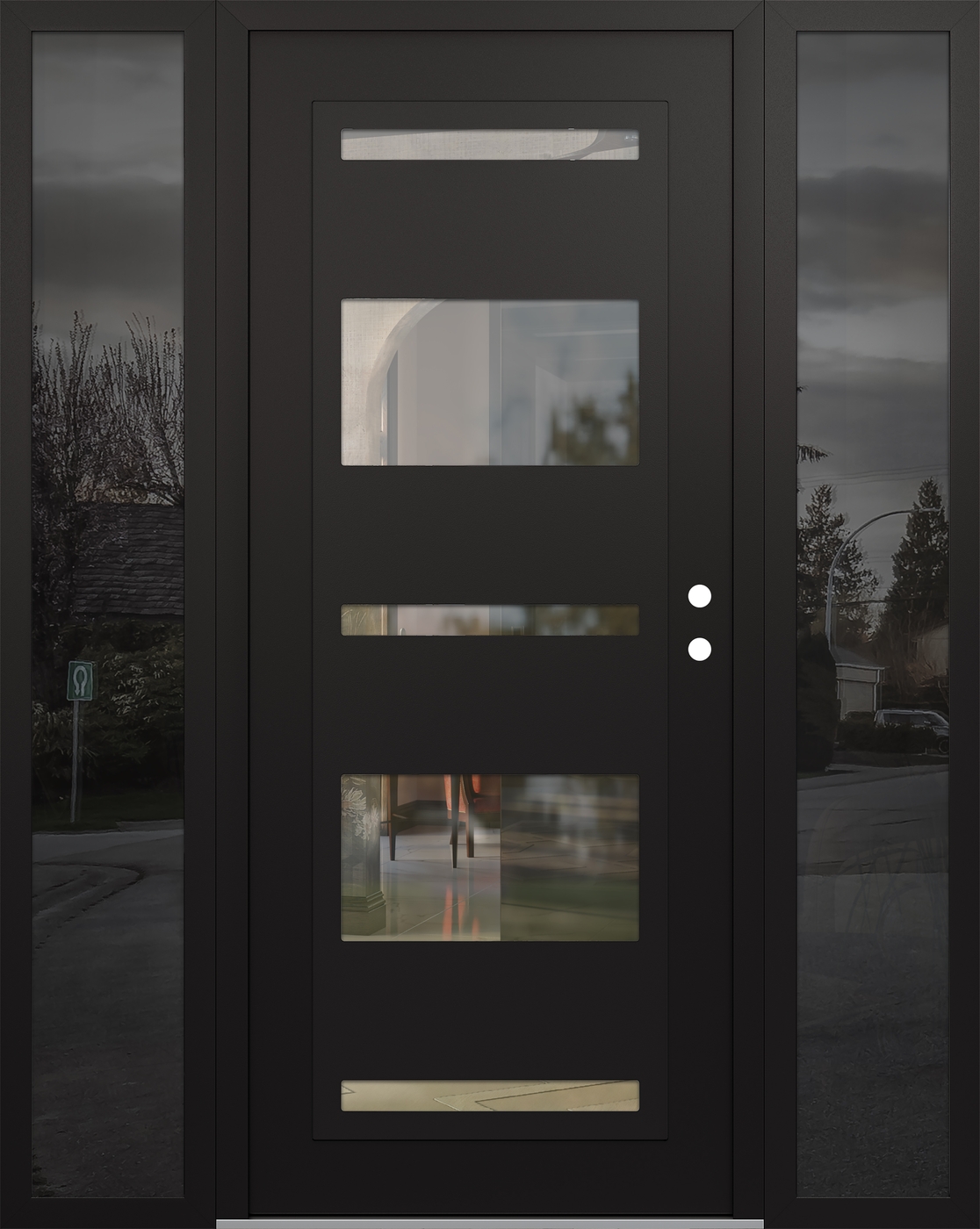 Modern Steel Front Door Diamond C10 60" x 80" black/black clear Glass Panel black LHI with 2 Sidelites mirrored Glass