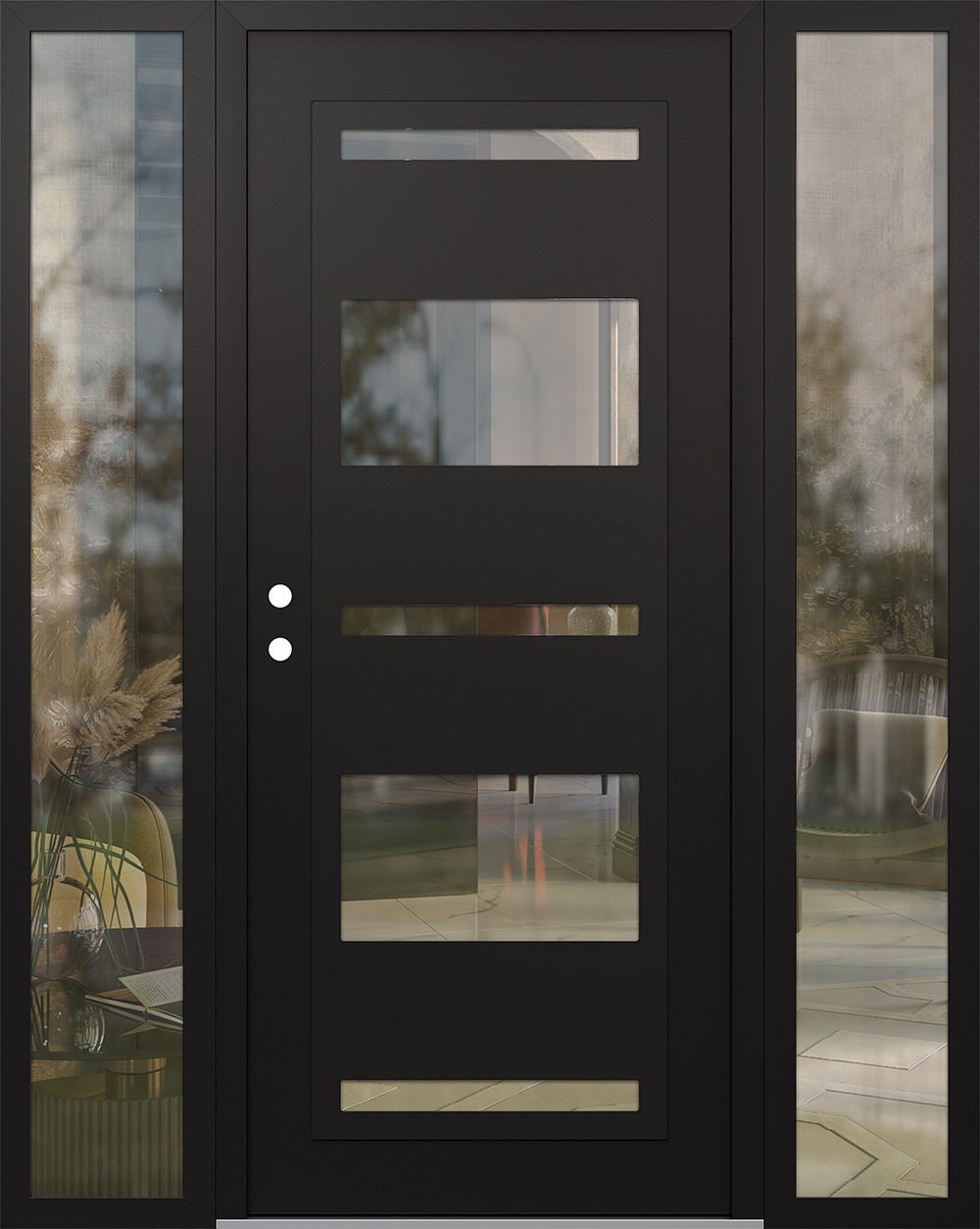 Modern Steel Front Door Diamond C10 60" x 80" black/black clear Glass Panel black RHI with 2 Sidelites clear Glass