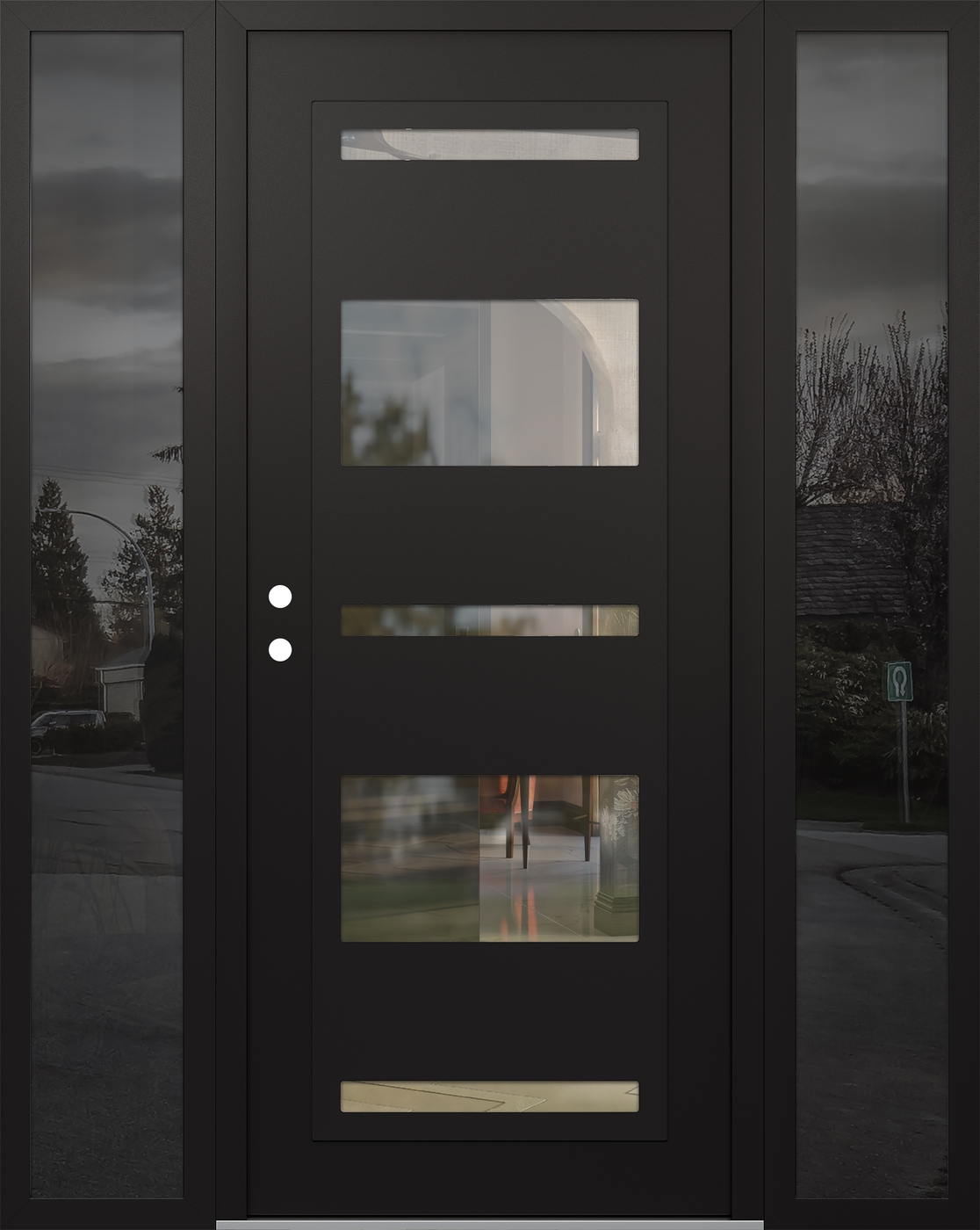 Modern Steel Front Door Diamond C10 60" x 80" black/black clear Glass Panel black RHI with 2 Sidelites mirrored Glass