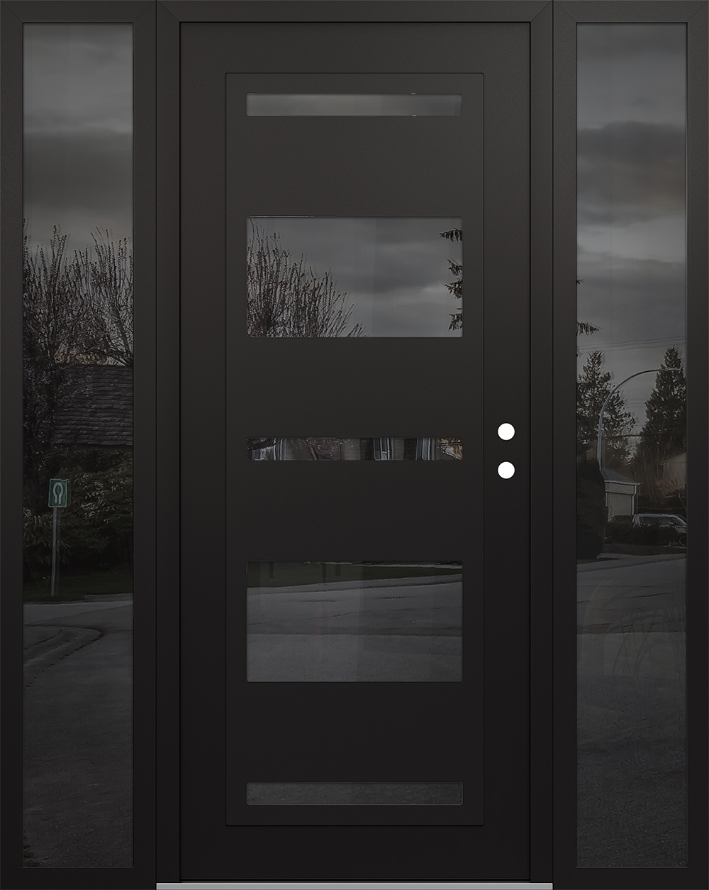 Modern Steel Front Door Diamond C10 60" x 80" black/black mirrored Glass Panel black LHI with 2 Sidelites mirrored Glass