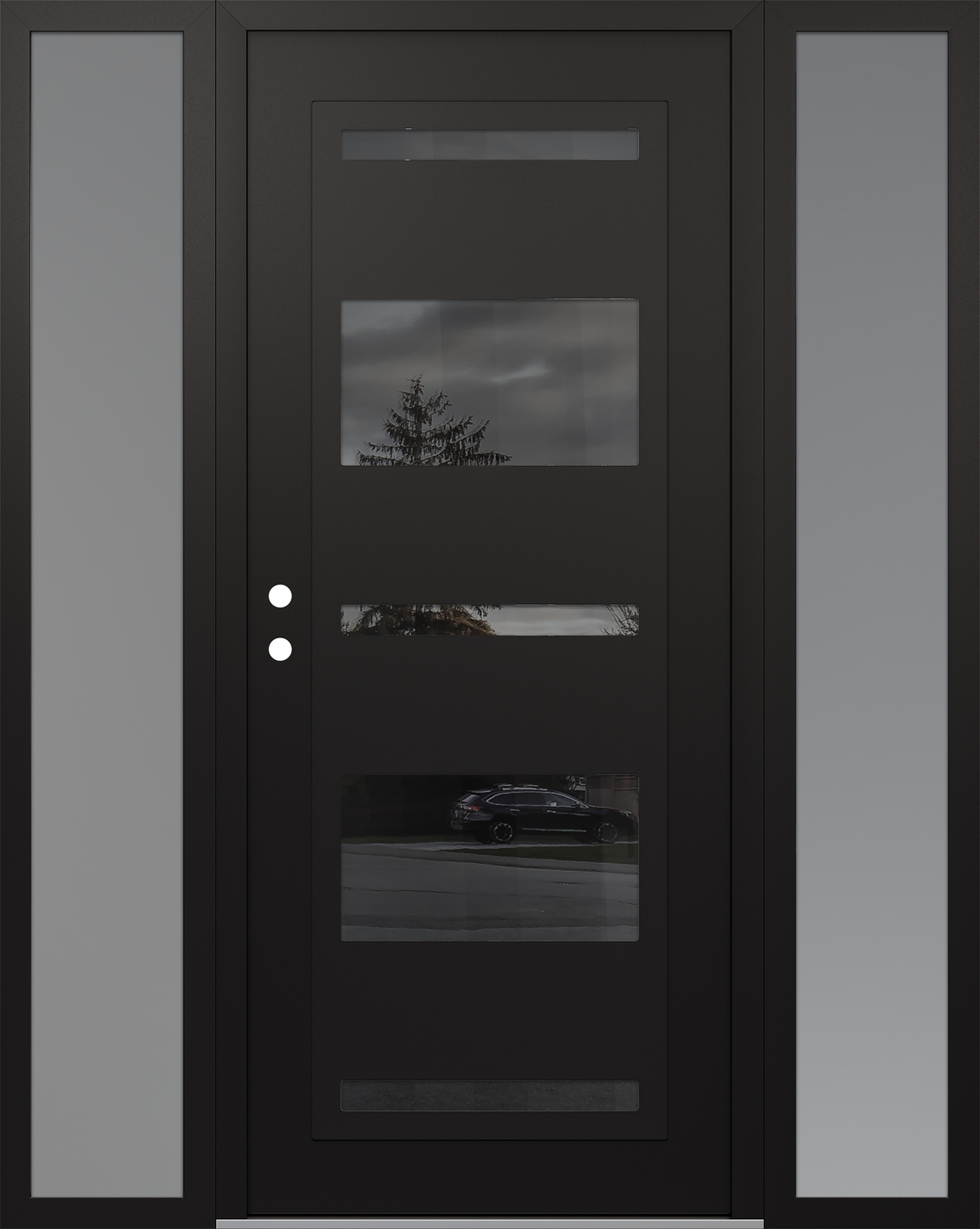 Modern Steel Front Door Diamond C10 60" x 80" black/black mirrored Glass Panel black RHI with 2 Sidelites frosted Glass