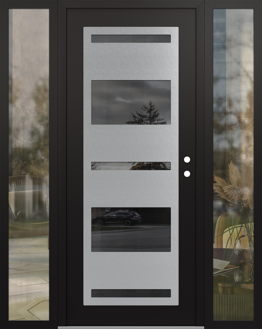 Modern Steel Front Door Diamond C10 60" x 80" black/black mirrored Glass Panel stainless steel LHI with 2 Sidelites clear Glass