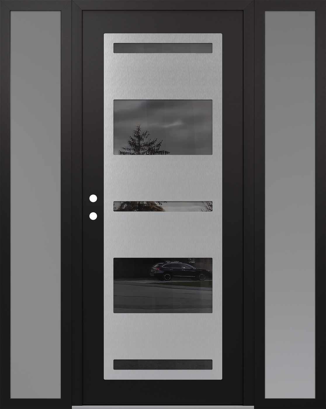 Modern Steel Front Door Diamond C10 60" x 80" black/black mirrored Glass Panel stainless steel RHI with 2 Sidelites frosted Glass