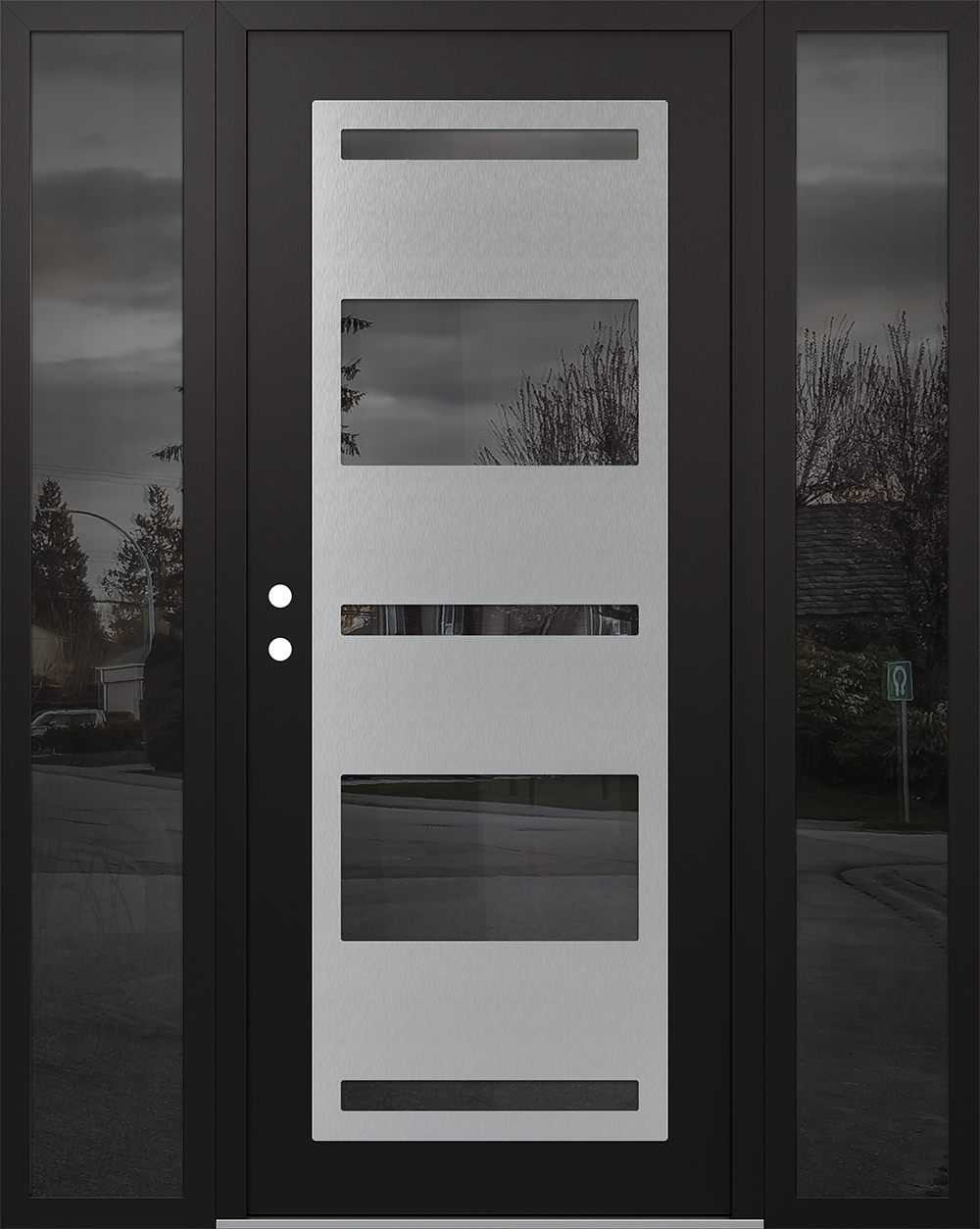 Modern Steel Front Door Diamond C10 60" x 80" black/black mirrored Glass Panel stainless steel RHI with 2 Sidelites mirrored Glass